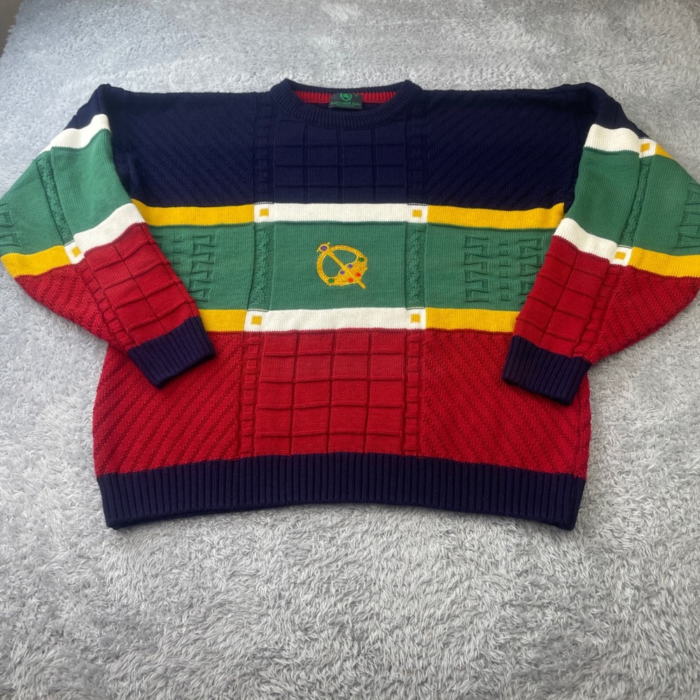 Emerald Isle Sweater Mens M Multicolor Colorblock Knit Made in Ireland Crest